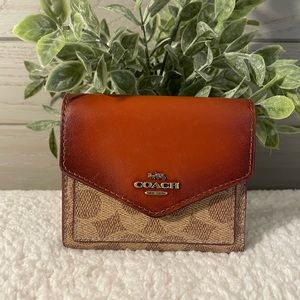 Coach Trifold Small Wallet in Signature Canvas and Rust Leather